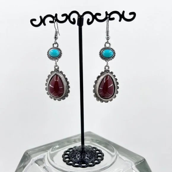New / Hand Crafted - Southwestern Vibes Turquoise & Dark Red Dangle Earrings - Picture 2 of 6